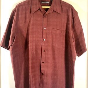 John Henry Ultra Feel Mens Button Down Shirt Burgundy Short Sleeve Size L
